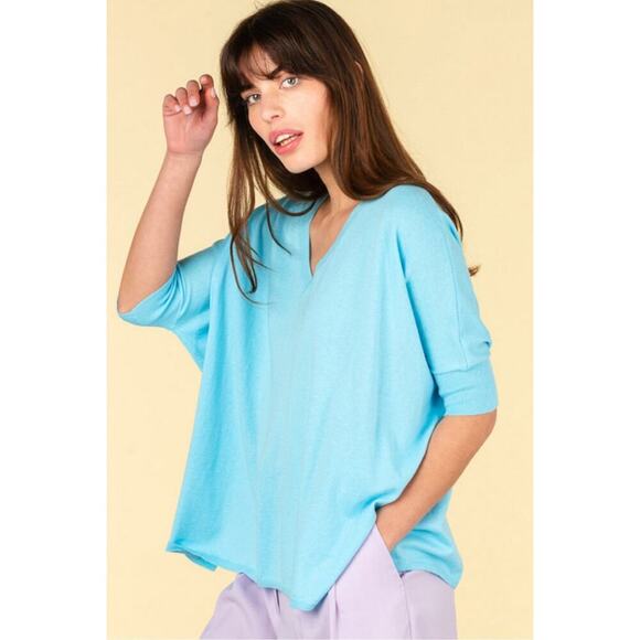 Kinross 100% Cashmere Zip Top Size M Aqua Blue Lightweight Dolman Sweater Casual - Picture 2 of 11